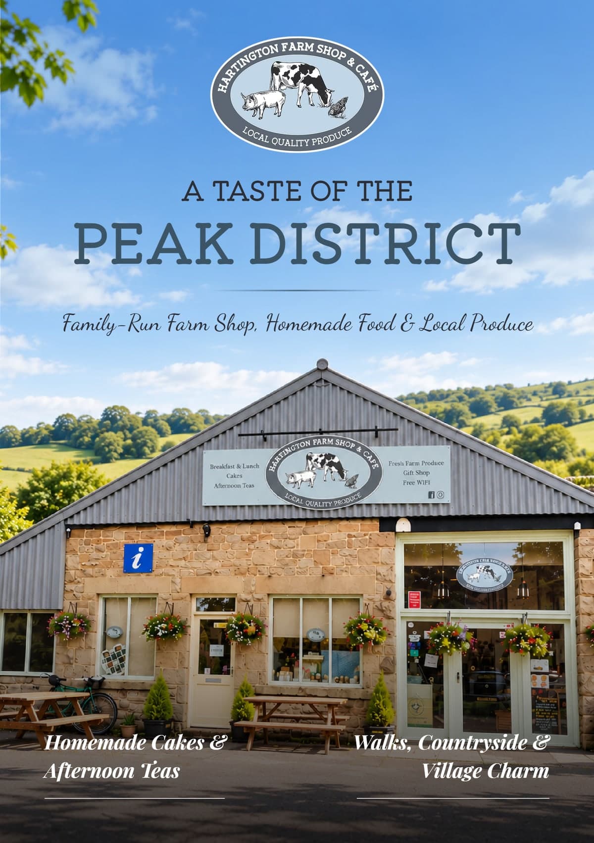 Front cover of A Taste of the Peak District, the Hartington Farm Shop & Café magazine, showing the shop on a sunny day