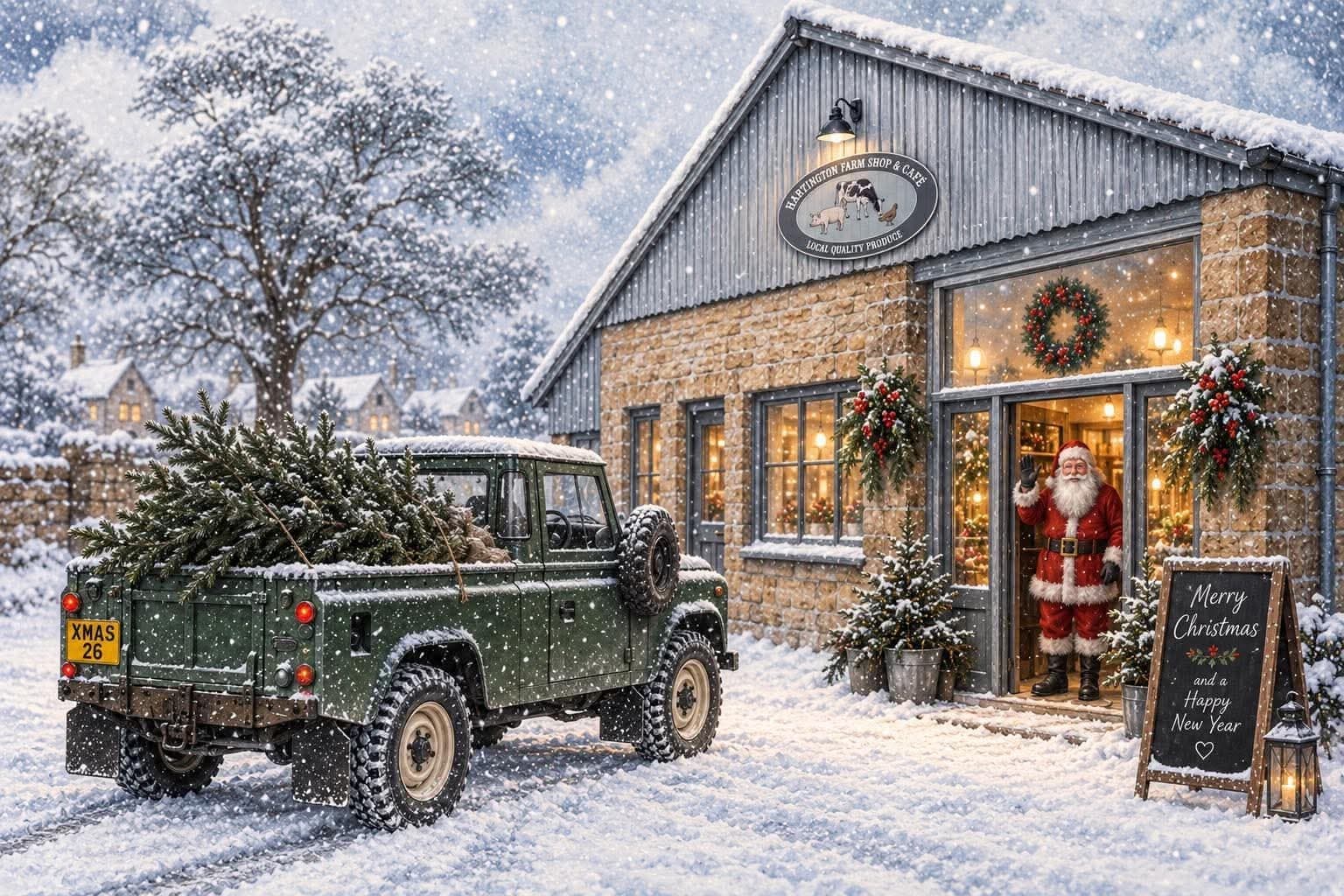 Maria Beal's Christmas card of the farm shop in the snow, with Father Christmas waving from the door and a Land Rover loaded with Christmas trees