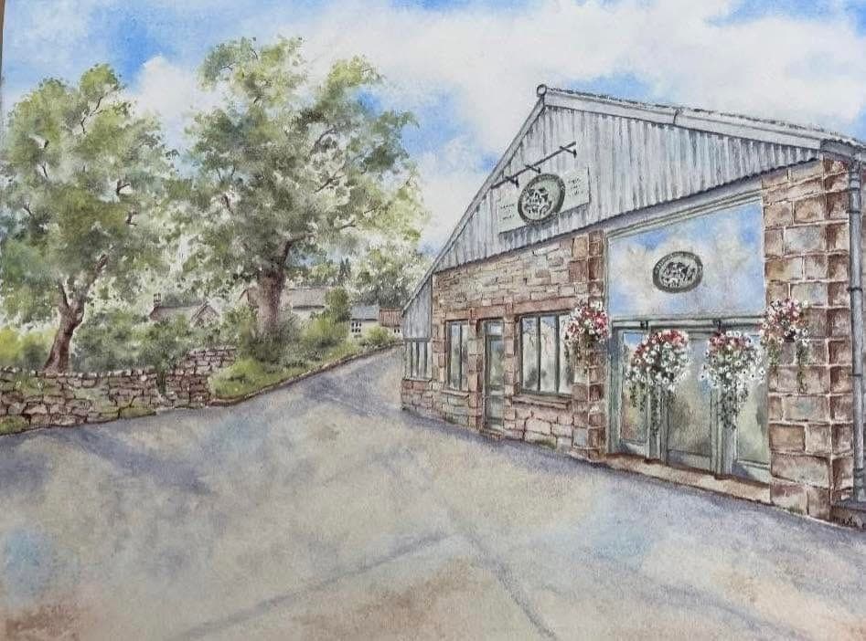 Watercolour of the farm shop in spring with hanging baskets