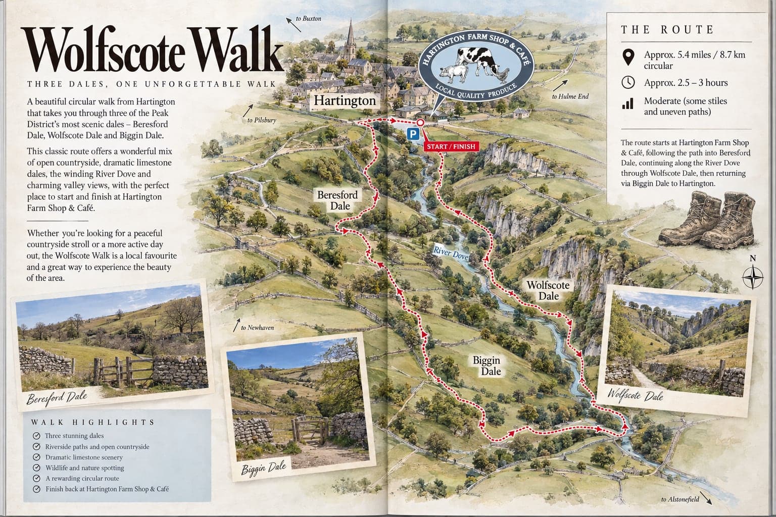 Illustrated map of the Wolfscote Walk from Hartington through Beresford, Wolfscote and Biggin Dales